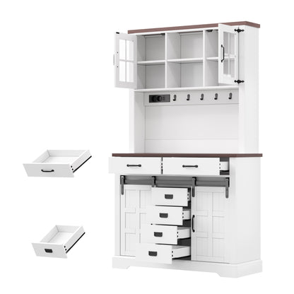 Küchenschrank, Buffetschrank, Sideboard mit Steckdose und LED-Beleuchtung, Küchenmöbel mit Arbeitsplatte, 6 Schubladen, verstellbare Einlegeböden, Haken, 180 × 108 × 40 cm, Weiß