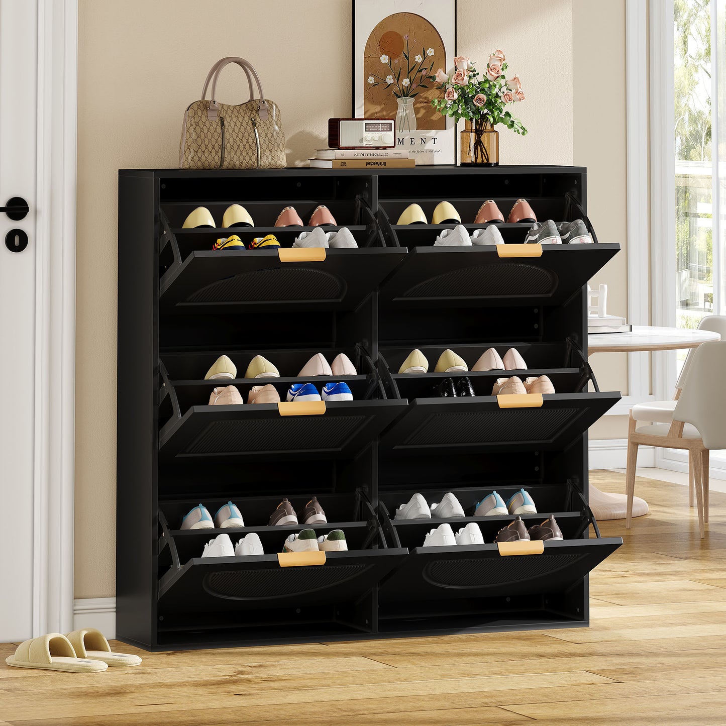 Gigab2b original image - Moderner Schuhschrank, mit 6 Klappenfächern, freistehendem Schuhregal, offenen Ablageflächen, geeignet für Eingangsbereich oder Flur, schwarz, Maße: B118/H115/T25 cm