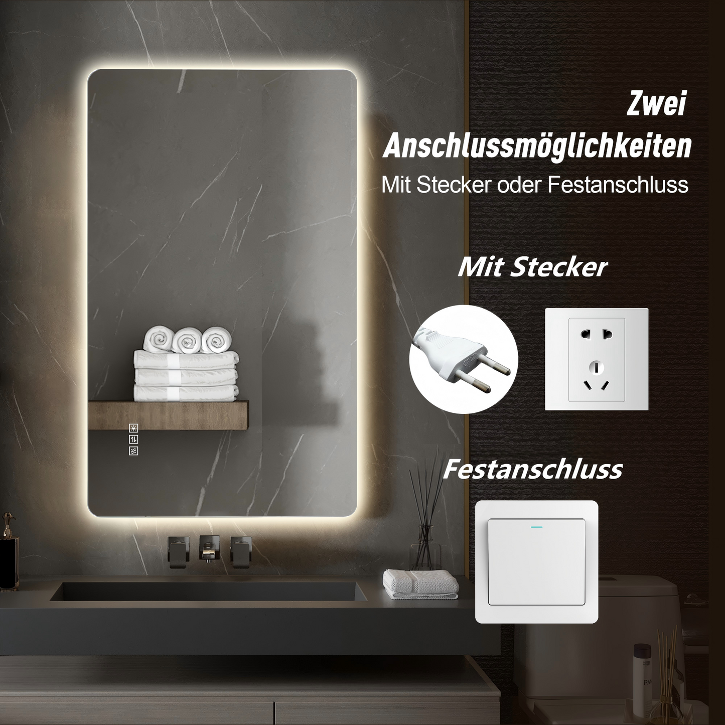 60 x 100cm LED Badezimmerspiegel mit Hintergrundbeleuchtung, Anti-Beschlag, 3 Lichtfarben, Stufenlos Dimmbar, Memory-Funktion, IP44 Wasserdicht, Horizontal & Vertikal Montierbar