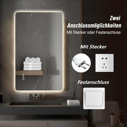 60 x 100cm LED Badezimmerspiegel mit Hintergrundbeleuchtung, Anti-Beschlag, 3 Lichtfarben, Stufenlos Dimmbar, Memory-Funktion, IP44 Wasserdicht, Horizontal & Vertikal Montierbar
