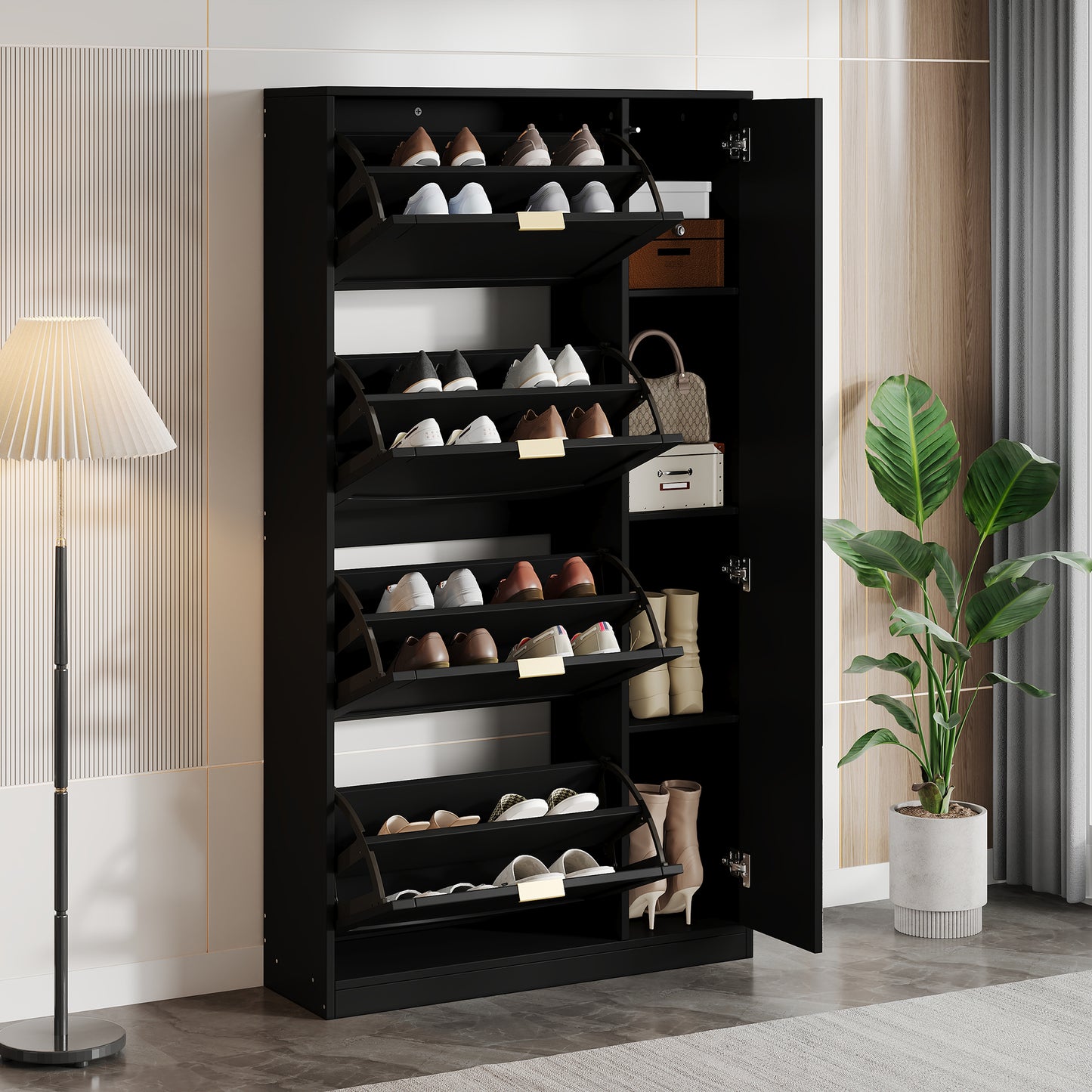 Gigab2b original image - Moderne Schuhschrank mit Spiegel, 4 klappbaren Aufbewahrungsfächern, verstellbarem Regalbrett hinter dem rechten Spiegel, ideal für den Flur, Schwarz, Maße: B80/H147/T24 cm