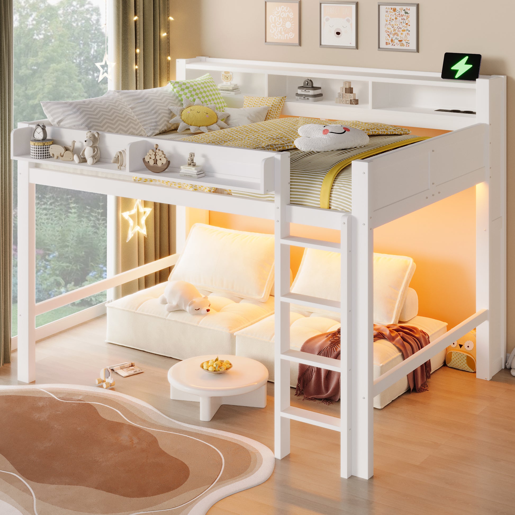 140x200 cm großes Hochbett aus Holz mit Ablagefächern, LED-Beleuchtung und USB-Anschluss, Weiß