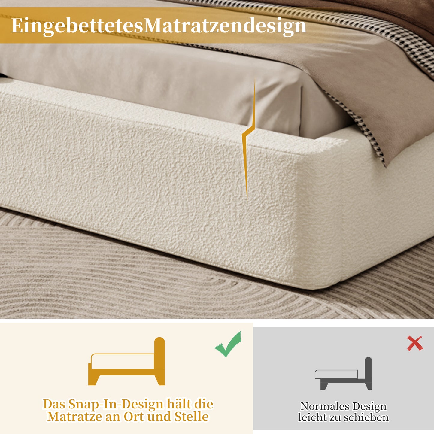 Polsterbett,Doppelbett,180 x 200cm, hydraulisches Funktionsbett,Bett mit Lattenrost, Kopfteil und großem Stauraum, gepolstertes Kopfteil, Inklusive Matratze, Beige Bouclé
