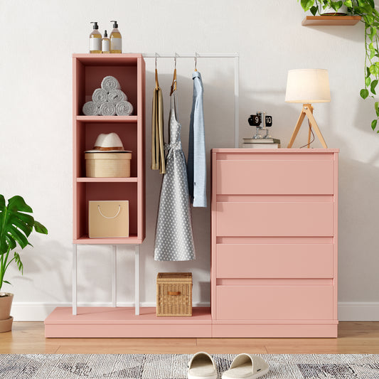 Gigab2b original image - Schubladenschrank, Kleiderschrank-Set, Rosa Kleiderschrank, Sideboard, Kleiderstange, Maße: B140/W40/H135,Rosa
