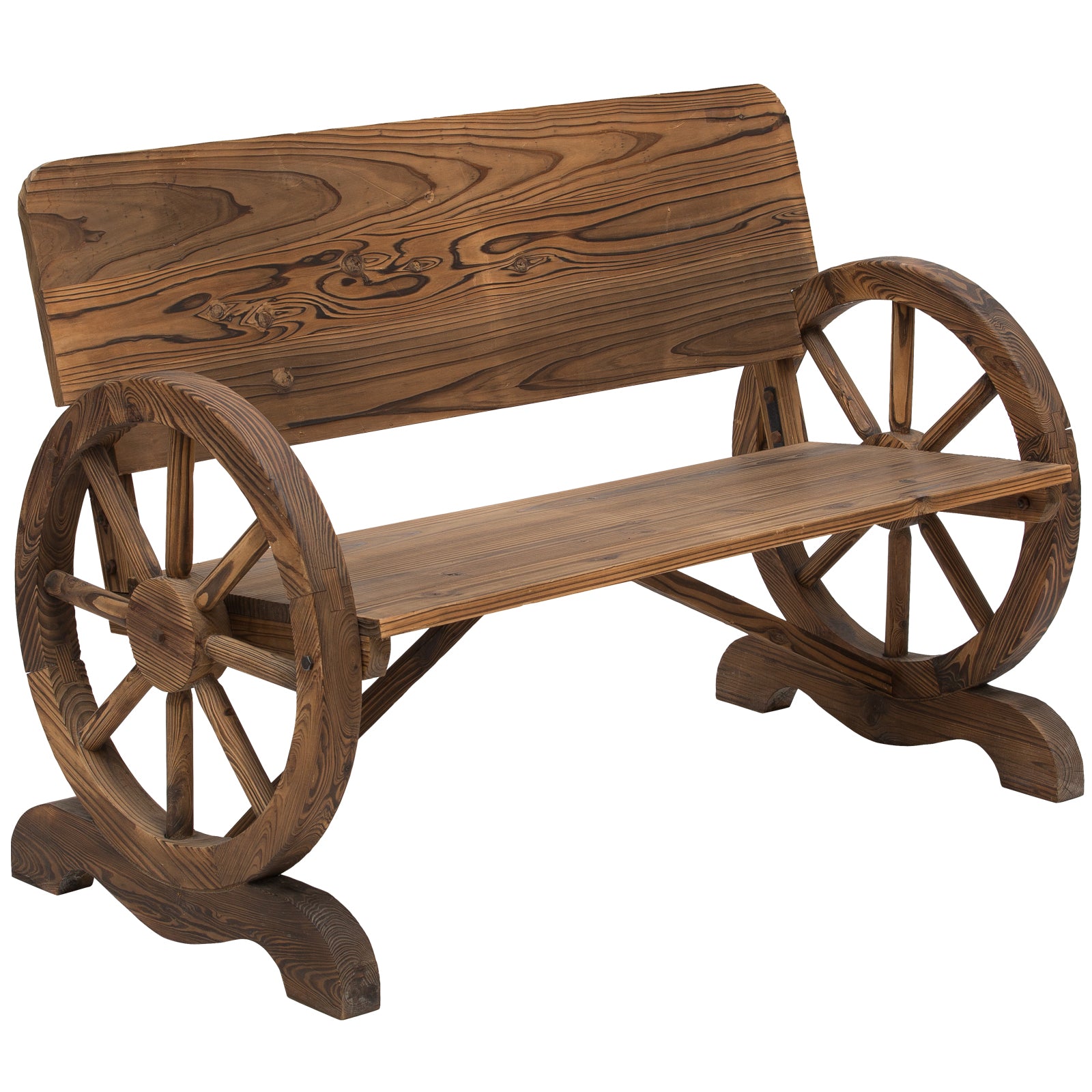 2-Sitzer Gartenbank Massivholz mit Armlehne, Sitzbank mit Wagenräder-Design, Gartenmöbel 250kg belastbar, Rustikale Bank, 114 x 58 x 80 cm, Braun