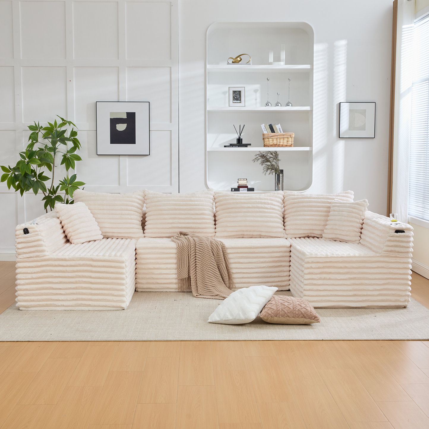 U-förmiges Cord-Sofa mit Getränkehaltern und Seitentaschen, Federkernpolsterung, 4 Rückenkissen und 2 Zierkissen. Ergonomisch geformt für angenehmes langes Sitzen – ideal für Wohnung und Wohnzimmer.