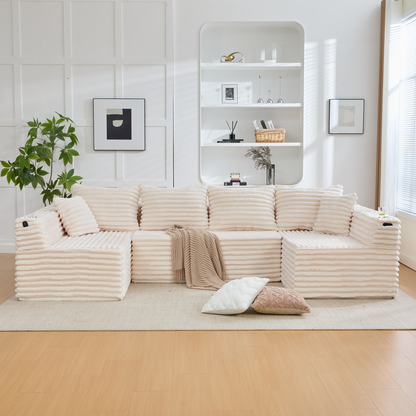 U-förmiges Cord-Sofa mit Getränkehaltern und Seitentaschen, Federkernpolsterung, 4 Rückenkissen und 2 Zierkissen. Ergonomisch geformt für angenehmes langes Sitzen – ideal für Wohnung und Wohnzimmer.