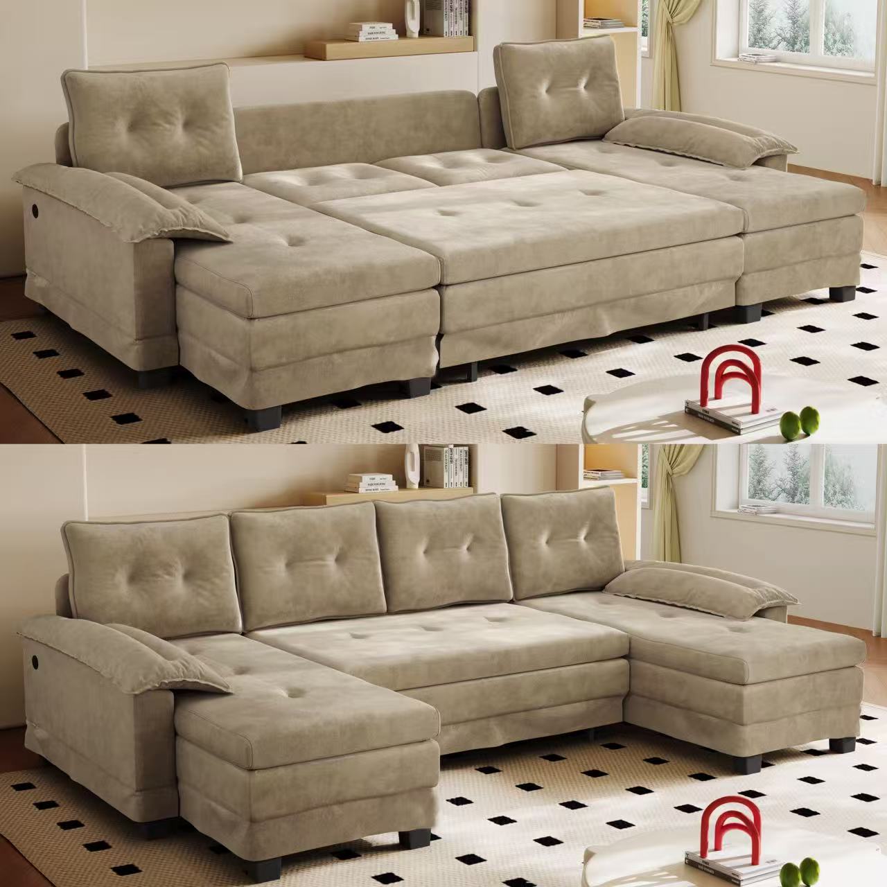 278cm U-förmiges Schlafsofa,Convertible Sectional Couch with Pull-Out Bed, mit USB-Ladefunktion,abnehmbaren Armlehnen , Extragroßes,modulares Design,modernes Wohnzimmer-Sofa ,Kamel