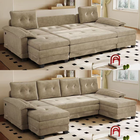 278cm U-förmiges Schlafsofa,Convertible Sectional Couch with Pull-Out Bed, mit USB-Ladefunktion,abnehmbaren Armlehnen , Extragroßes,modulares Design,modernes Wohnzimmer-Sofa ,Kamel