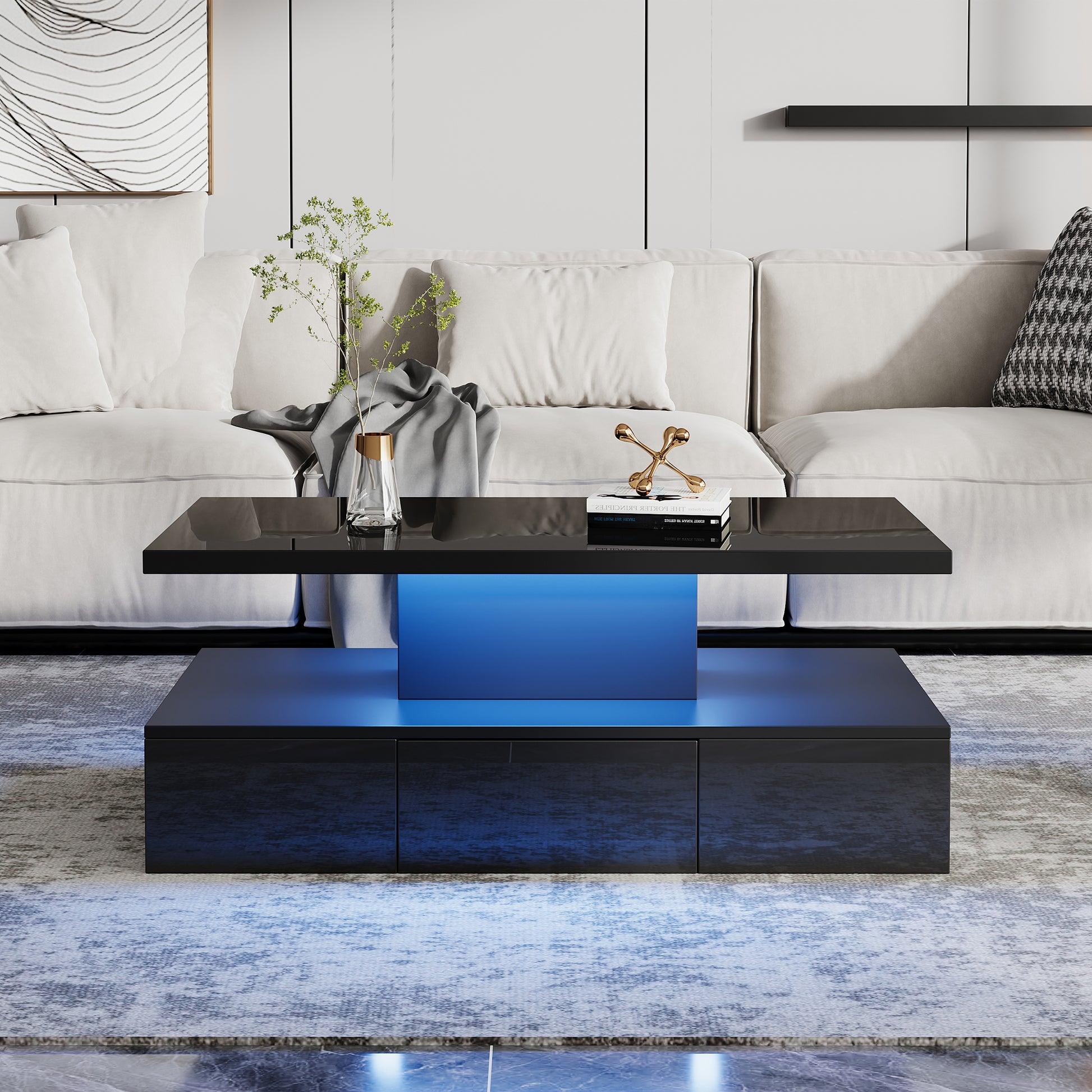 Gigab2b original image - Zweistufiger Couchtisch fürs Wohnzimmer mit 16-farbigem LED-Licht, Hochglanz-Wohnzimmertisch, Sofatisch mit offenem Ausstellungsregal und 1 Schiebeschubladen, kleiner rechteckiger Mitteltisch, schwarz