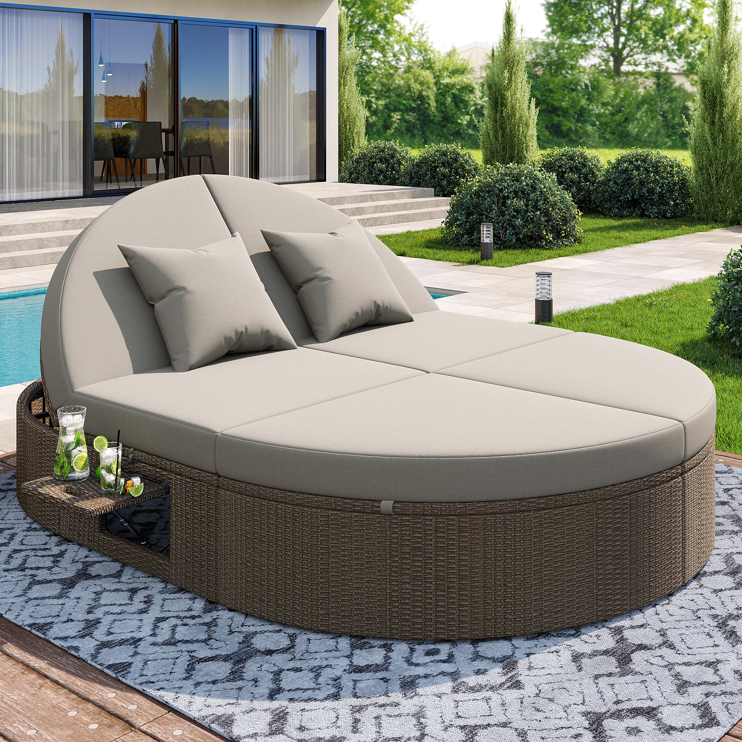 Gigab2b original image - Rattan Doppel-Liege, Outdoor Daybed, Gartenliege mit seitlichem Regal, Sonnenliege Doppelliege 2 Personen Klapptisch,Garten Relaxliege,Rattan Doppel-Liege,Individuell einstellbarer Winkel Outdoor-Sofa
