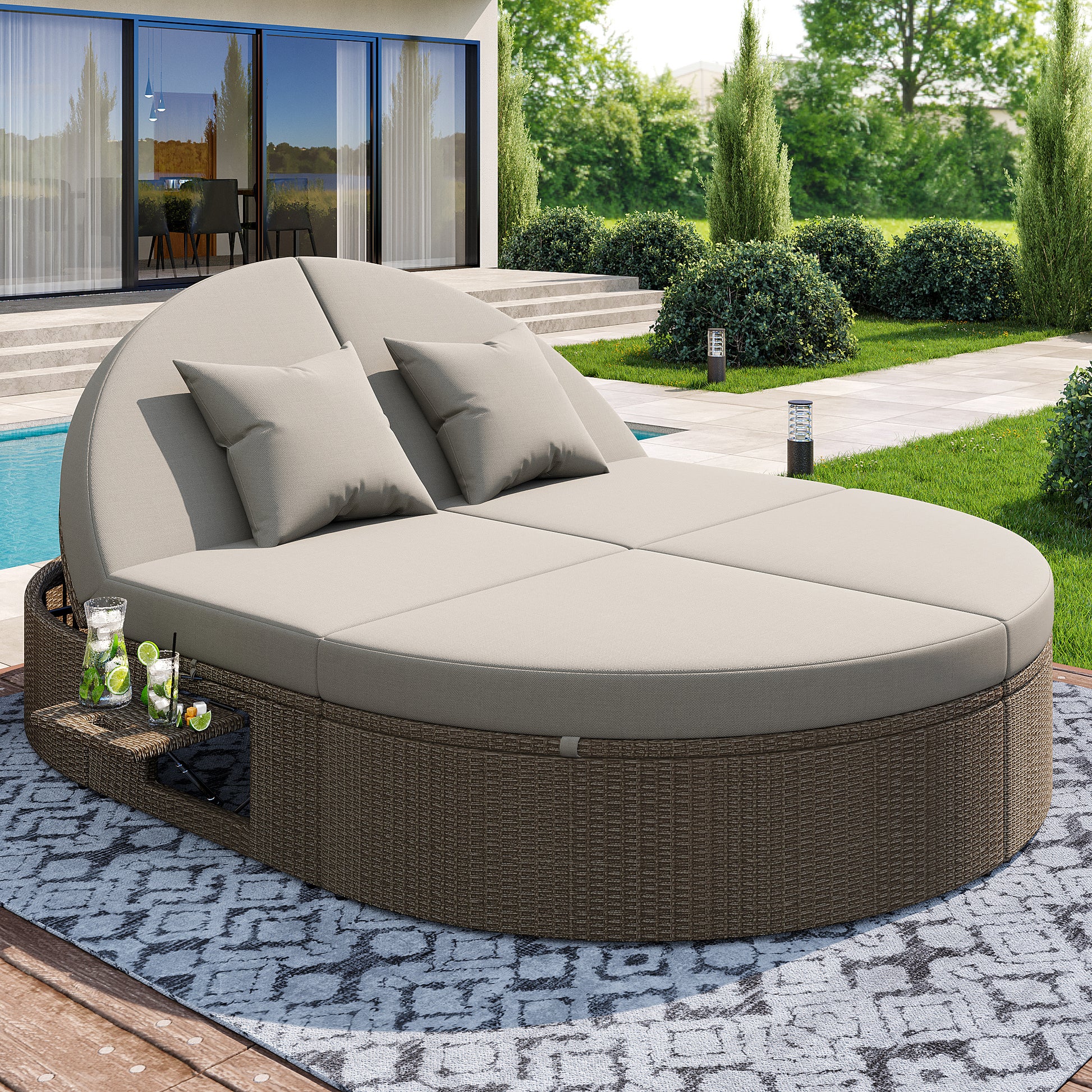 Gigab2b original image - Rattan Doppel-Liege, Outdoor Daybed, Gartenliege mit seitlichem Regal, Sonnenliege Doppelliege 2 Personen Klapptisch,Garten Relaxliege,Rattan Doppel-Liege,Individuell einstellbarer Winkel Outdoor-Sofa