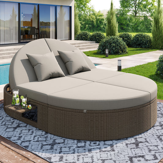 Gigab2b original image - Rattan Doppel-Liege, Outdoor Daybed, Gartenliege mit seitlichem Regal, Sonnenliege Doppelliege 2 Personen Klapptisch,Garten Relaxliege,Rattan Doppel-Liege,Individuell einstellbarer Winkel Outdoor-Sofa