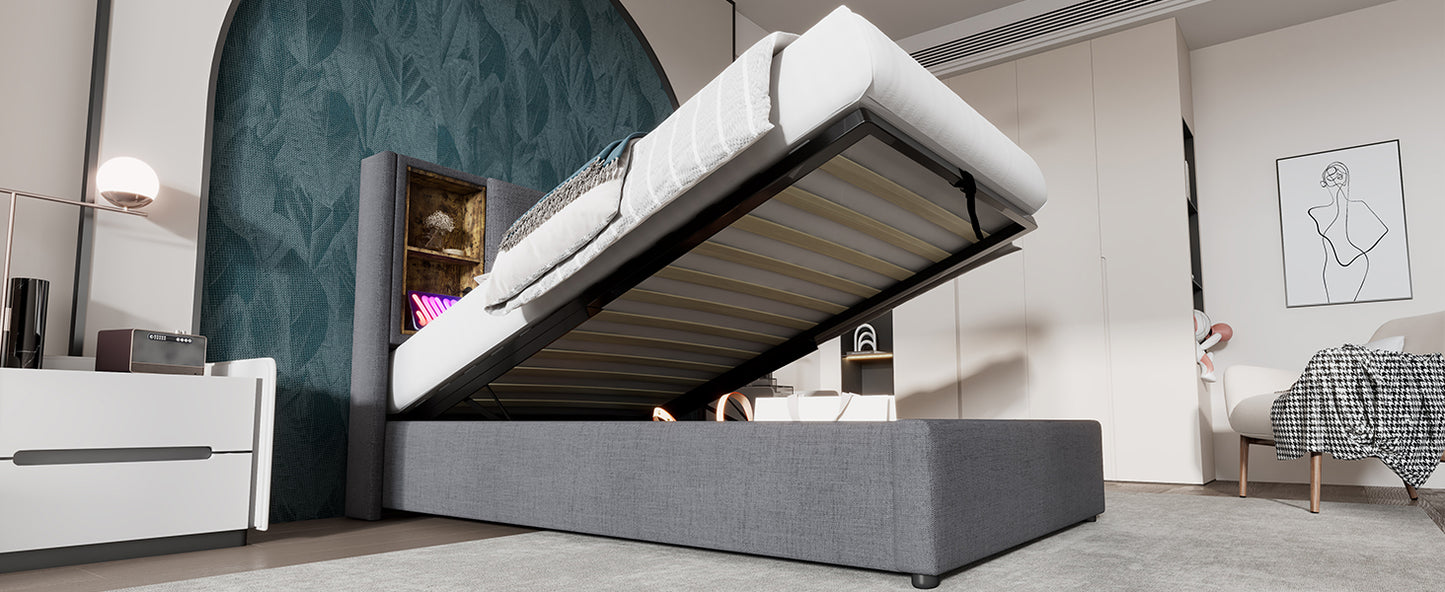 (=AB20359798N)Doppelbett mit Kabellosem Laden USB C, Polsterbett  Bettgestell 180x200cm,Bettgestell mit Stauraum Lattenrost aus Holz-Natürlich Leinen