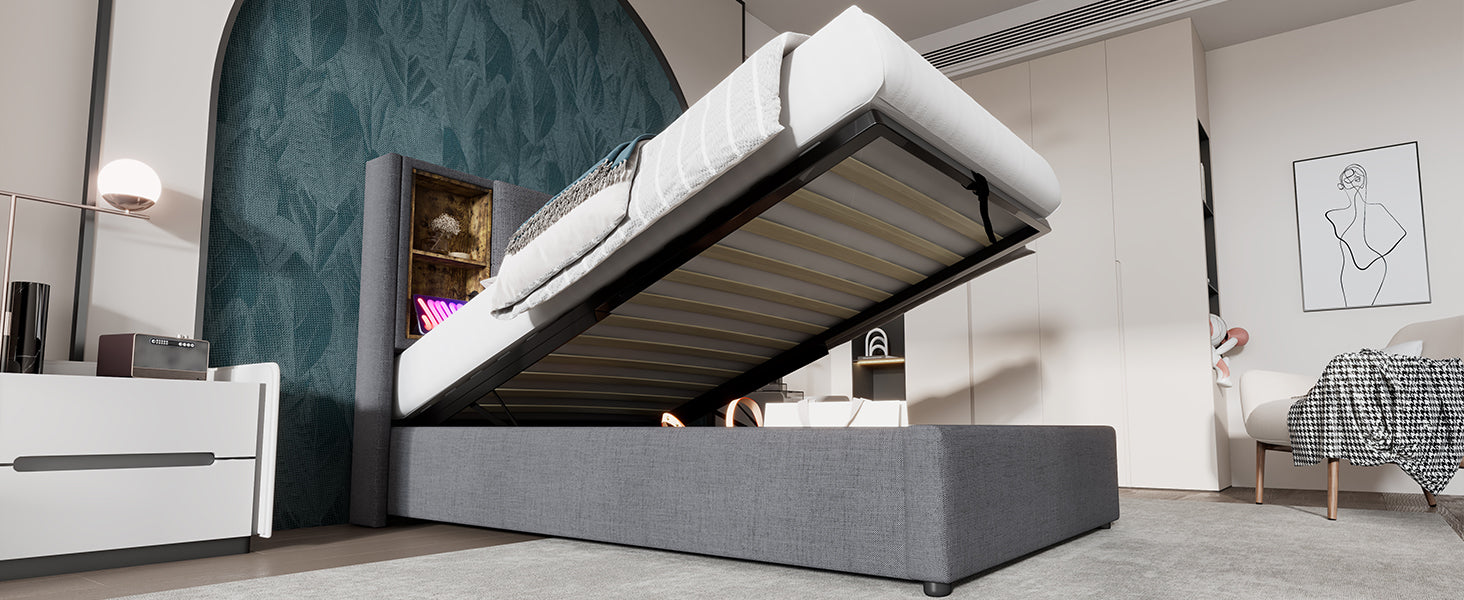 (=AB20359798N)Doppelbett mit Kabellosem Laden USB C, Polsterbett  Bettgestell 180x200cm,Bettgestell mit Stauraum Lattenrost aus Holz-Natürlich Leinen