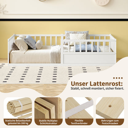 Solid Wood Montessori Floor Bed with Safety Railing and Slatted Frame