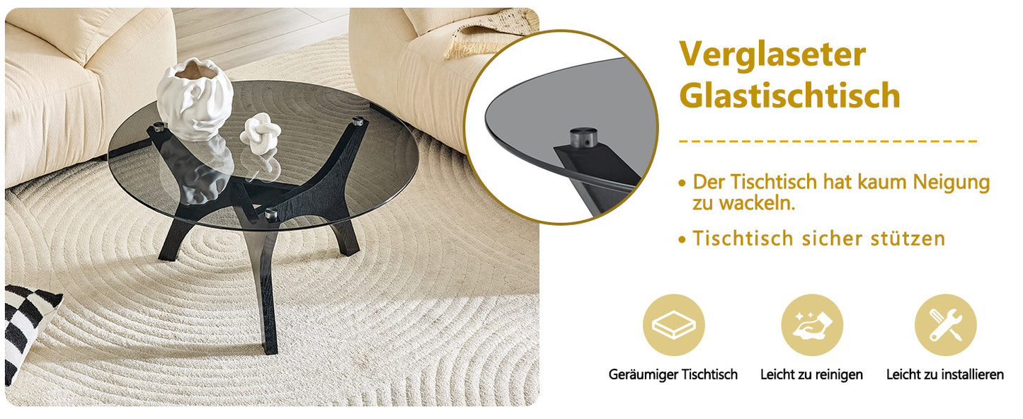 Runder Couchtisch mit Glasplatte, Moderner Wohnzimmertisch mit schwarzem Holzrahmen, Stabiler Kaffeetisch 80cm, Hitze- & Kratzfest, für Wohnzimmer, Büro & Lounge