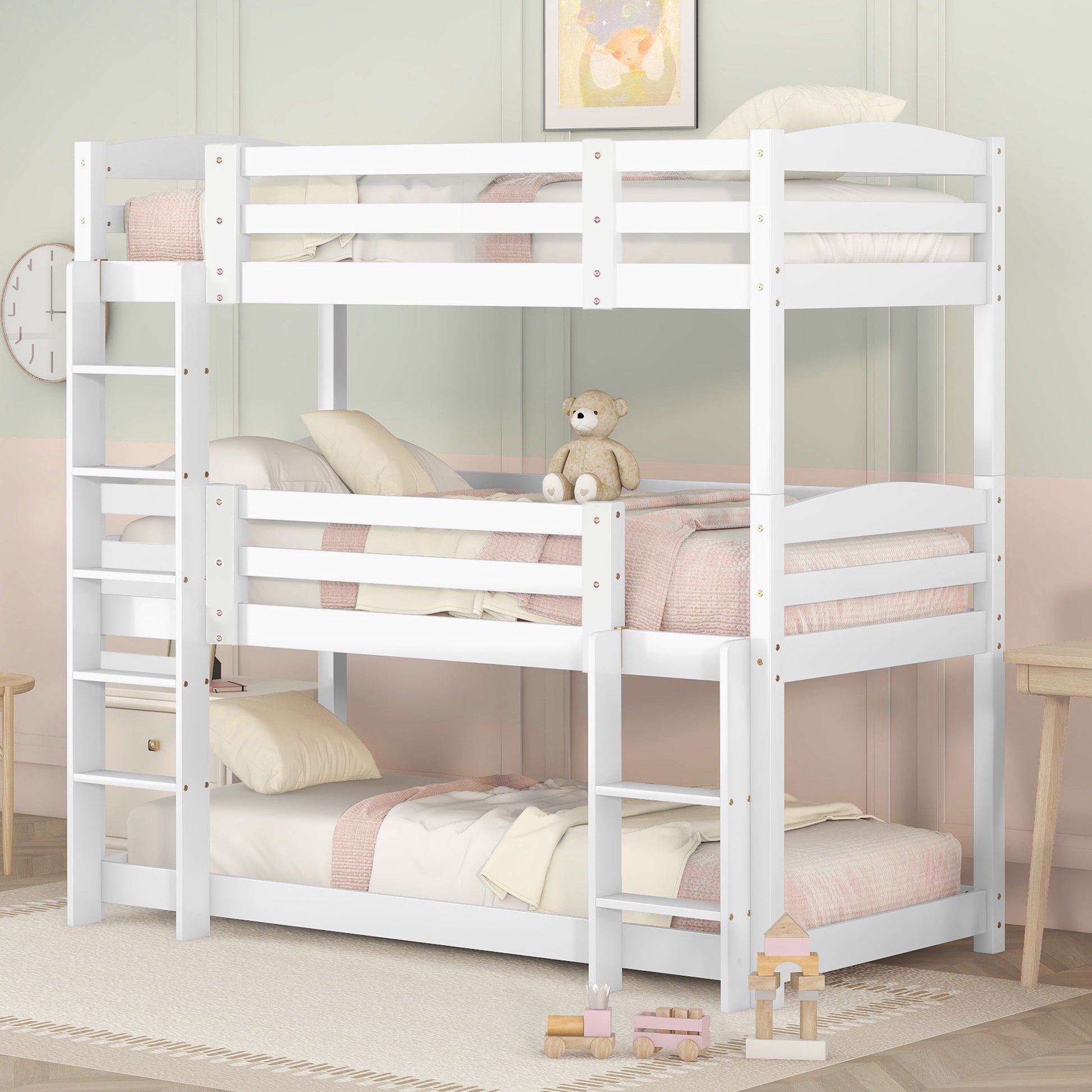 =(WX000112AAK-3) Etagenbett,  90*200cm, Single-Size-Holz-Dreier-Etagenbett für Kinder, Ohne Matratze, weiß (90x200cm)