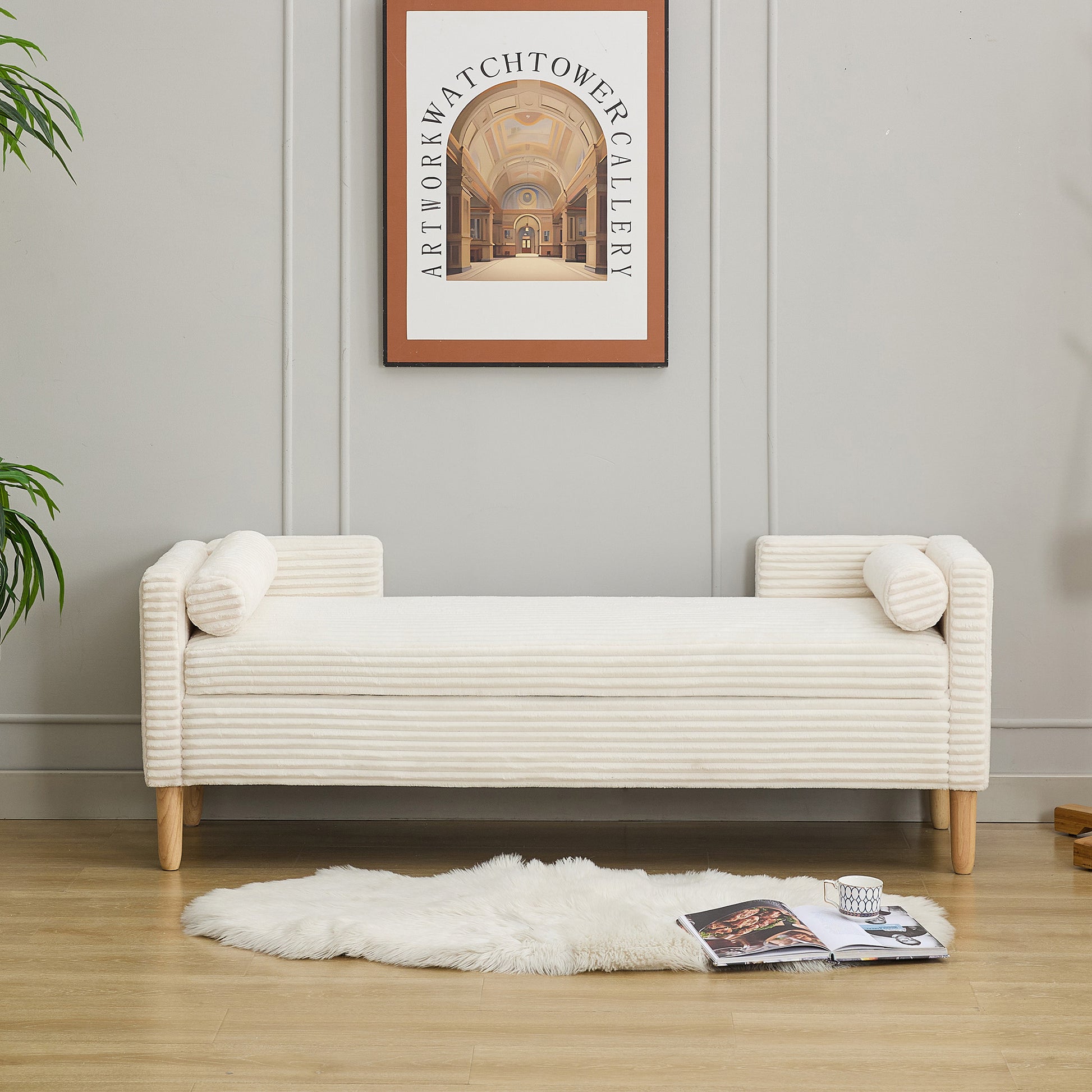 Gigab2b original image - Samtsamt-Stauraumhocker mit Armlehnen, Rückenlehne und zwei Rollkissen – für Wohnzimmer, Eingangsbereich und Schlafzimmer,IVORY