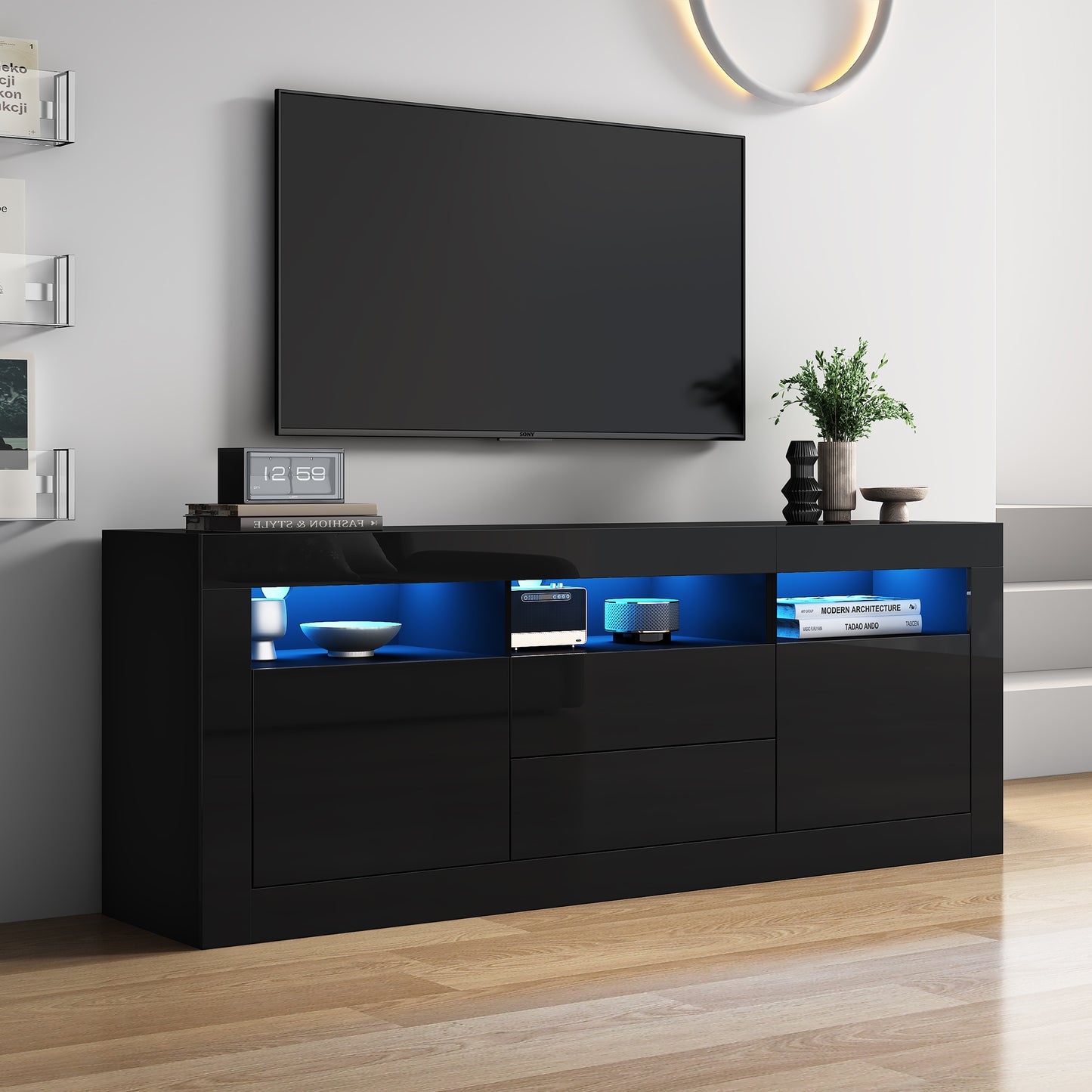 160*35*60cm Hochglanz-TV-Schrank mit LED-Beleuchtung, 3 offenen Fächern, 2 Türen, 2 Schubladen, Smart App Steuerung, für 70-Zoll-Fernseher,Hochglanz-TV-Ständer