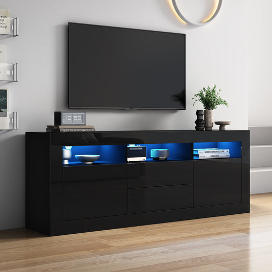 160*35*60cm Hochglanz-TV-Schrank mit LED-Beleuchtung, 3 offenen Fächern, 2 Türen, 2 Schubladen, Smart App Steuerung, für 70-Zoll-Fernseher,Hochglanz-TV-Ständer