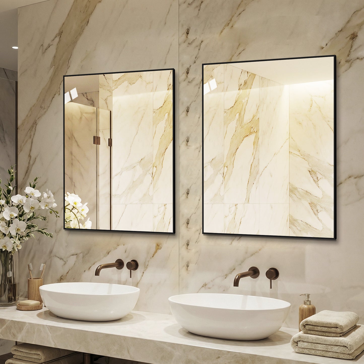 60x80cm Badezimmerspiegel mit Schwarzem Aluminiumrahmen, Kupferfreier HD-Wandspiegel, Horizontal & Vertikal montierbar, Für Bad, Flur und Ankleidezimmer