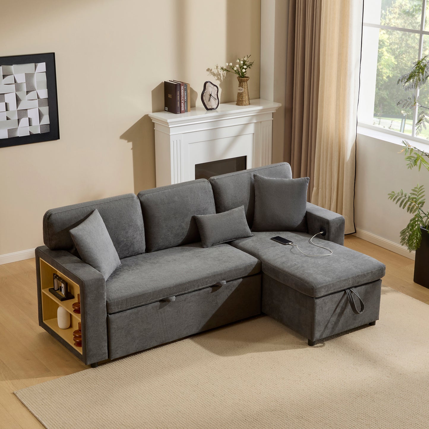 Corner Sofa Bett Eckcouch Couch L-Form Schlafcouch Ausziehbar, Bettkasten und integriertem Regal,dunkelgrau
