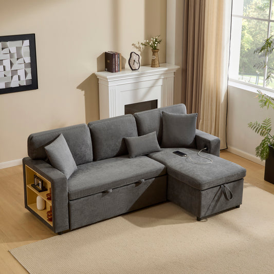 Corner Sofa Bett Eckcouch Couch L-Form Schlafcouch Ausziehbar, Bettkasten und integriertem Regal,dunkelgrau
