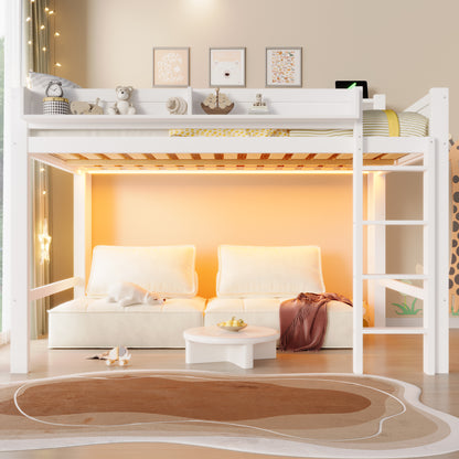 140x200 cm großes Hochbett aus Holz mit Ablagefächern, LED-Beleuchtung und USB-Anschluss, Weiß