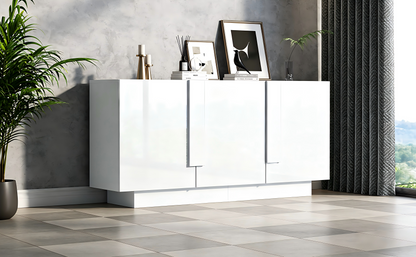 Wohnzimmer-Sideboard (35 x 160 x 60 cm), ein Wohnzimmerschrank mit 3 Türen, Hochglanz-Aufbewahrung, 6 Ablagefächern und viel Stauraum.Breiter Schrank, weiß, Spanplatte, leicht zu reinigen,kommode