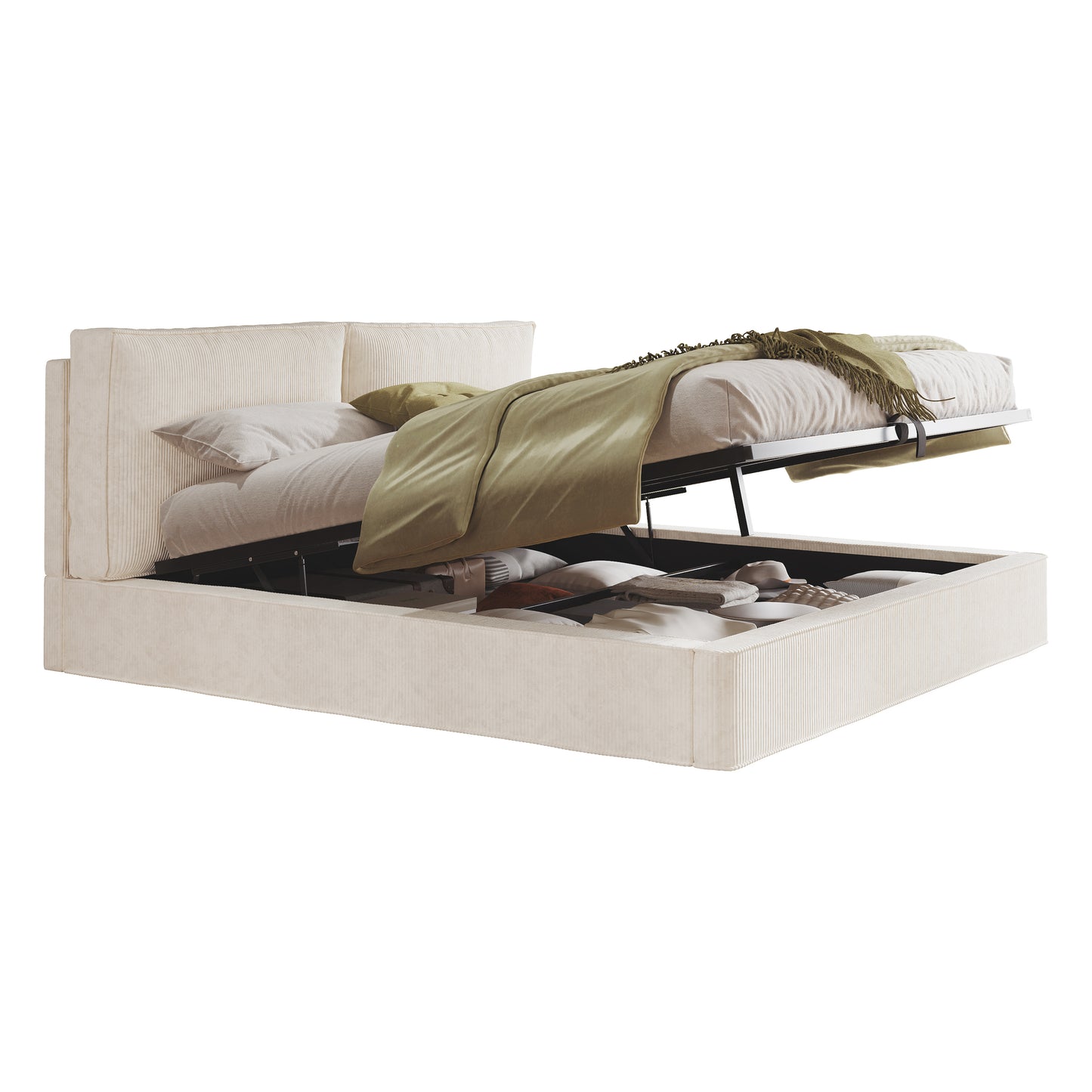 Polsterbett,Doppelbett,180 x 200cm,hydraulisches Funktionsbett,Bett mit Lattenrost, Kopfteil, gepolstertes Kopfteil, Beige, Cord
