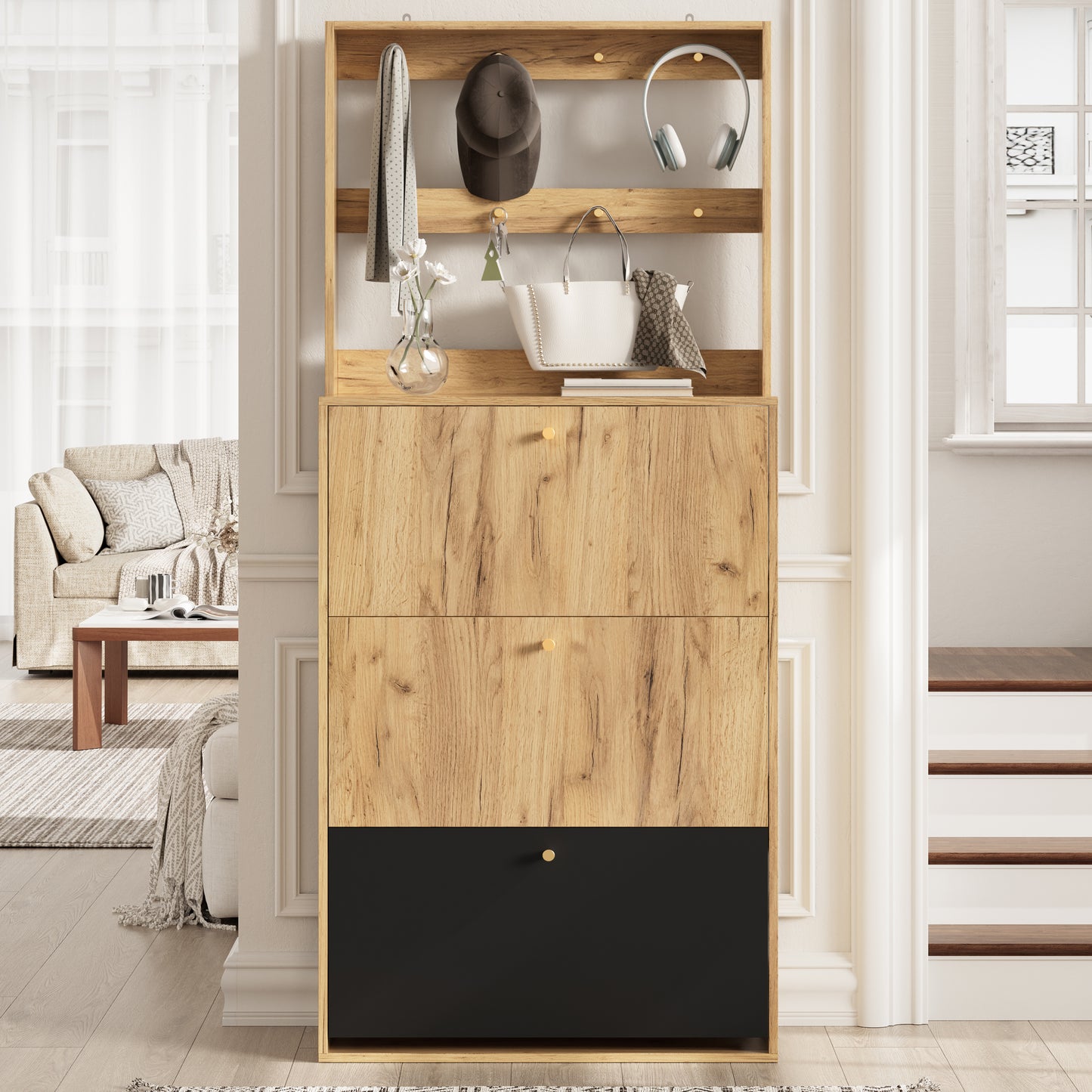 Modern Foldable Shoe Cabinet with Hooks for Hallway Storage