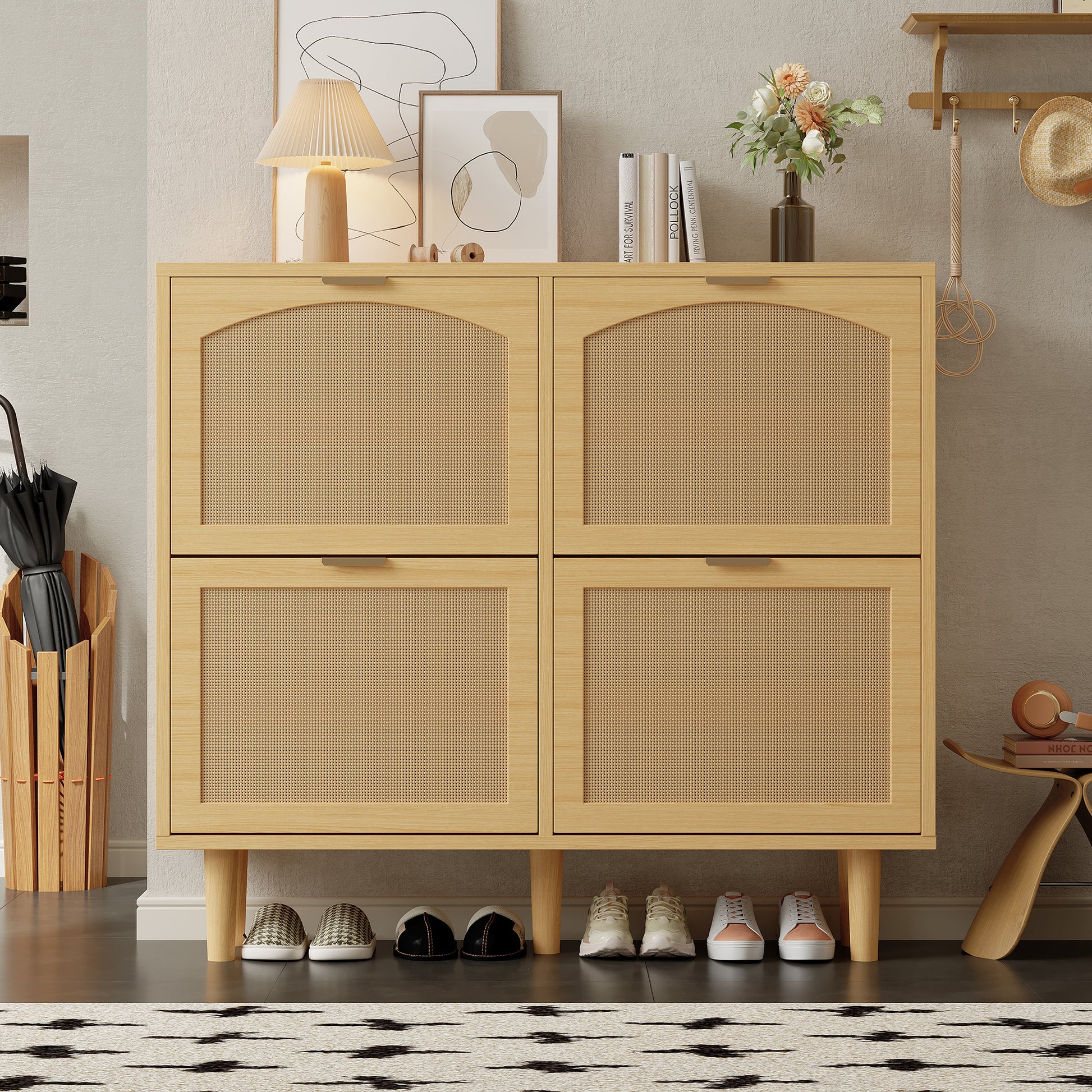 Gigab2b original image - Schuhschrank mit 4 Klappschubladen, Schuhkommode aus Rattan mit Metallgriffen, Schuhregal für Flur, Schlafzimmer, Wohnung,Holzmöbel, Landhausstil, Maße: 100 x 25 x 90 cm