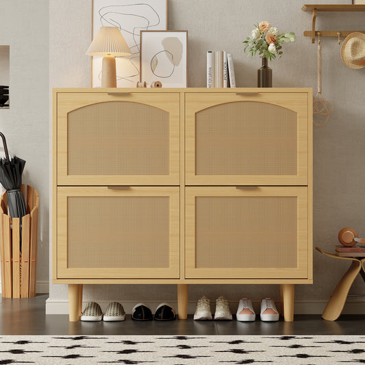 Gigab2b original image - Schuhschrank mit 4 Klappschubladen, Schuhkommode aus Rattan mit Metallgriffen, Schuhregal für Flur, Schlafzimmer, Wohnung,Holzmöbel, Landhausstil, Maße: 100 x 25 x 90 cm