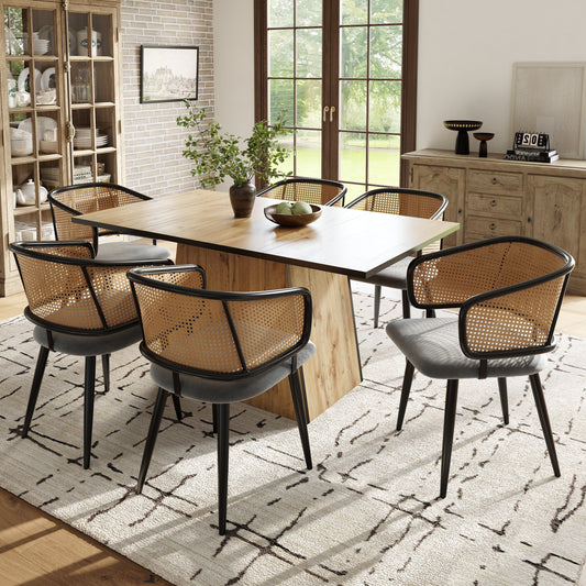 6 Esszimmerstühle, Esszimmerstühle mit Rattan-Rückenlehne, Sitzkissen aus Samt-Kissen, bequem und atmungsaktiv, moderner und einfacher Stil, geeignet für Restaurants, Wohnzimmer und Cafés