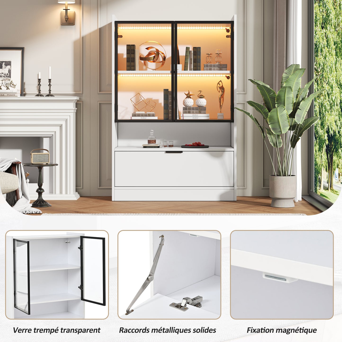 Moderne LED Vitrine Matt Höhe 120cm mit LED-Beleuchtung, Glasvitrine Standvitrine mit Beleuchtung, Wohnzimmerschrank mit Glastüren und Klapptür, Spanplatte Display Schrank,Weiß