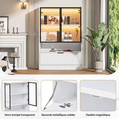 Moderne LED Vitrine Matt Höhe 120cm mit LED-Beleuchtung, Glasvitrine Standvitrine mit Beleuchtung, Wohnzimmerschrank mit Glastüren und Klapptür, Spanplatte Display Schrank,Weiß