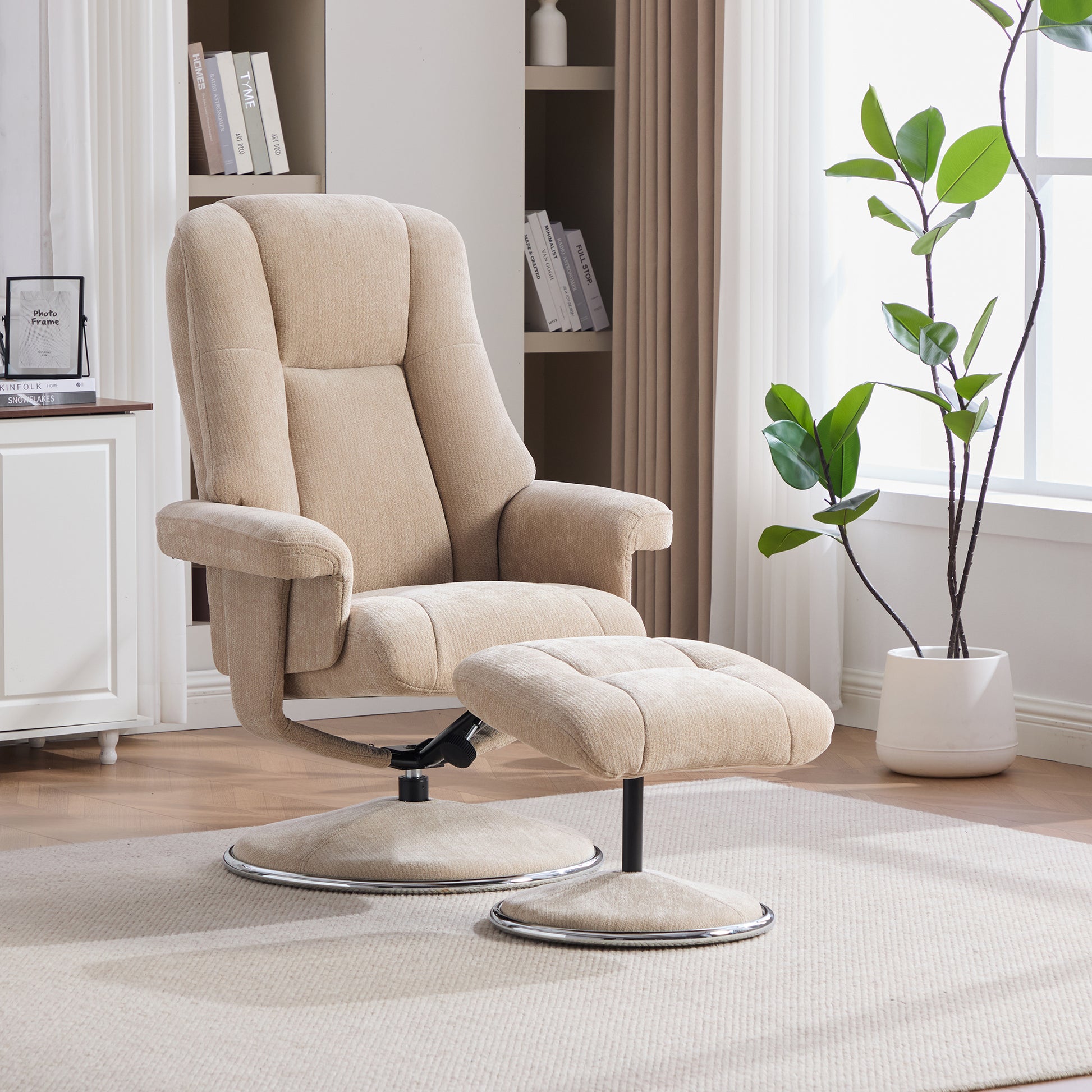Gigab2b original image - Nordischer multifunktionaler Drehbarer Relaxsessel mit Hocker, Chenille-Stoff, Vollmetallsockel stoffbezogen – ästhetisch, stabil und zuverlässig.LIGHT TAUPE