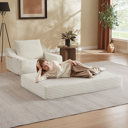 Modern minimalist corduroy lazy lounge chair, spacious single sofa lounge chair, living room and bedroom leisure sofa, double-layer design, expandable into a bed