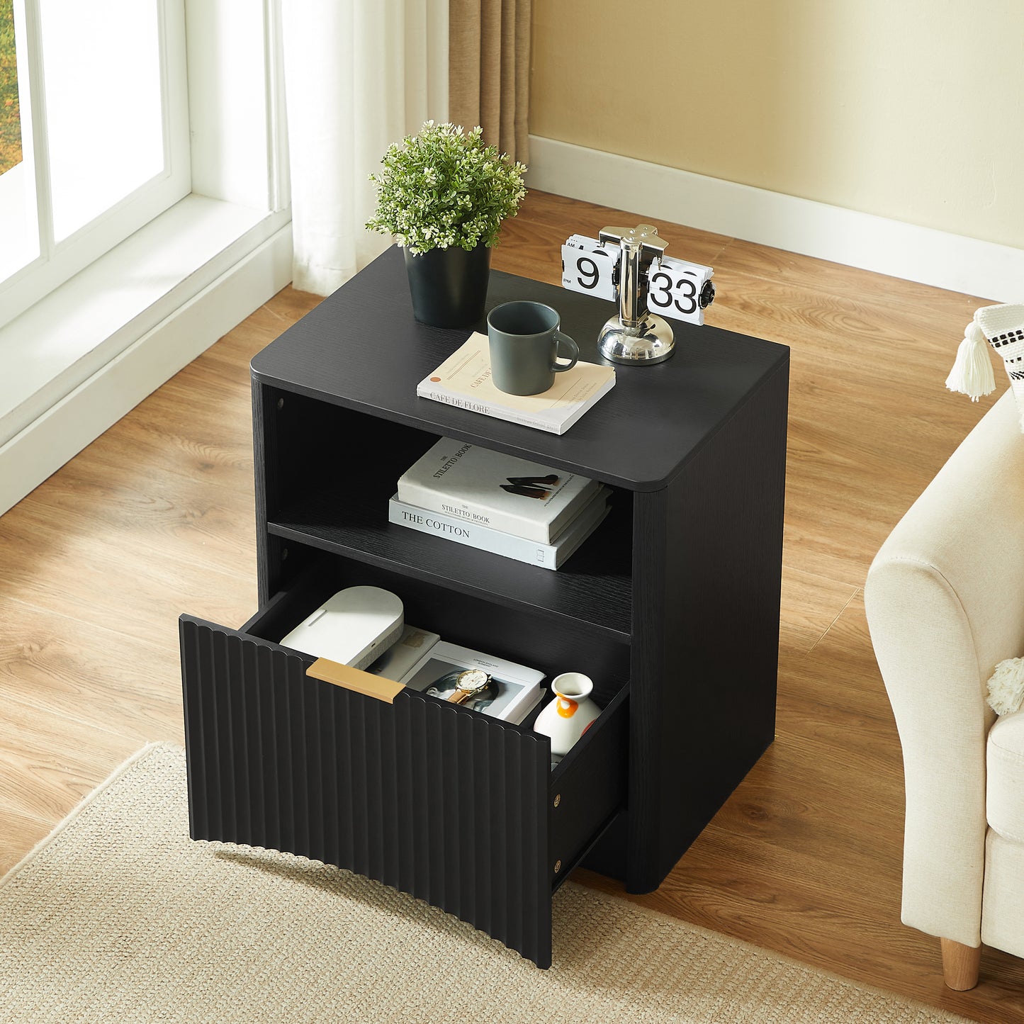 Space-Saving Nightstand with Open Drawer and Gold Handles