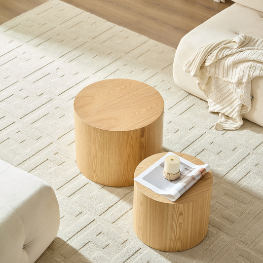 2er Set Runde Nesting-Tische in 3 Farben: Esche Natur / Schwarz / Walnuss, wasserabweisend & verzugsfrei, Couchtisch-Set (Ø48x38 + Ø38x32 cm), kombinierbar & platzsparend, kein Aufbau – Wohnzimmertisc