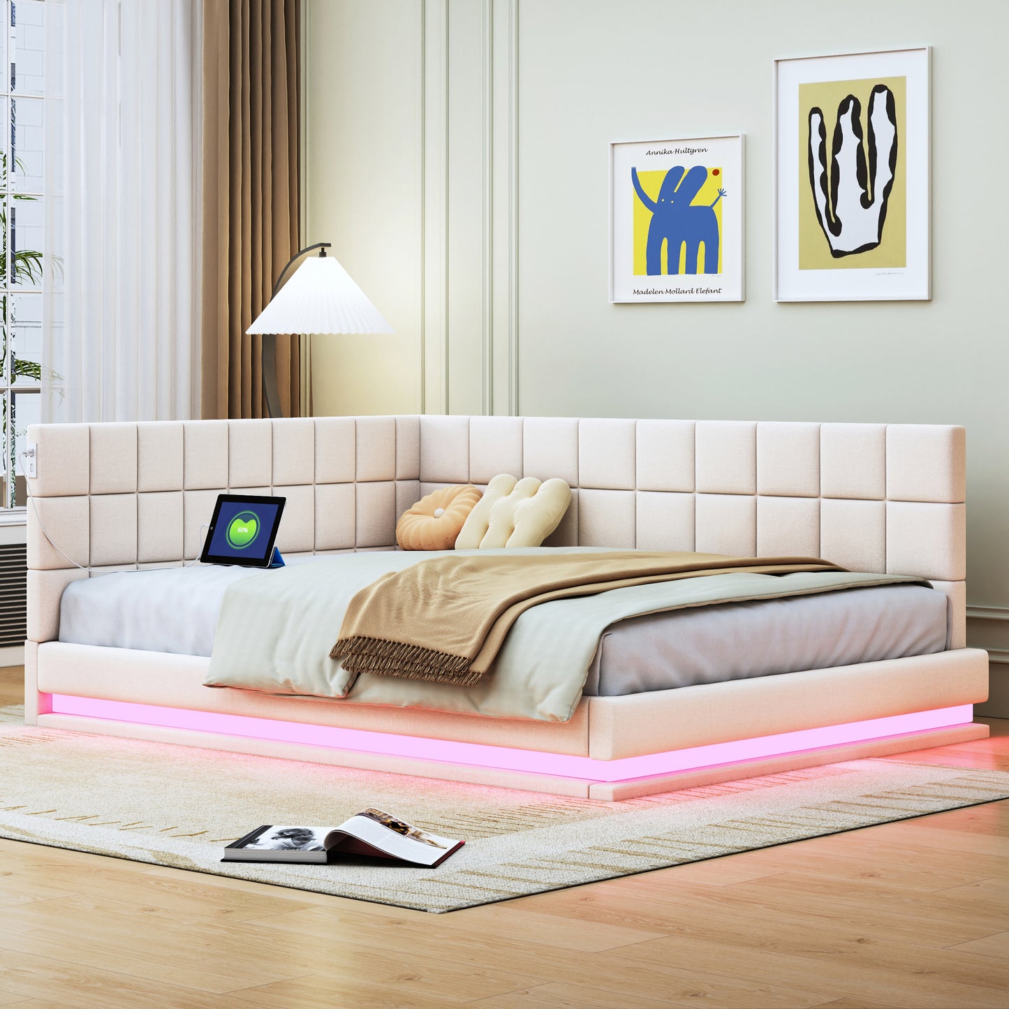 Gigab2b original image - Polsterbett Schlafsofa 140*200 Multifunktionsbettmit LED Lichtleiste, USB Steckdose und Lattenrost, hautsympathischer Leinen beige