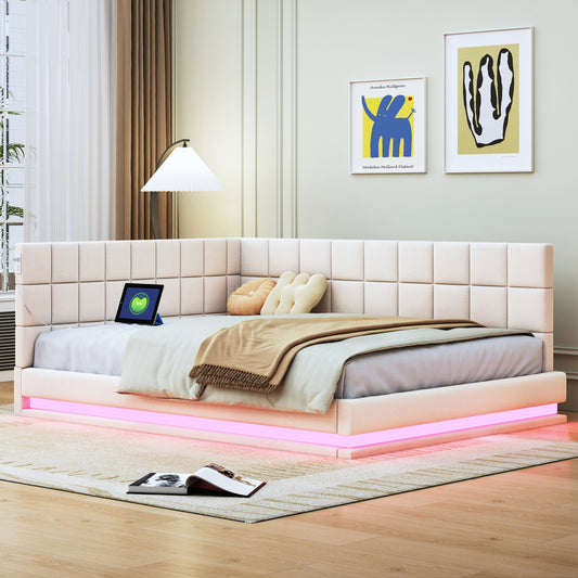 Gigab2b original image - Polsterbett Schlafsofa 140*200 Multifunktionsbettmit LED Lichtleiste, USB Steckdose und Lattenrost, hautsympathischer Leinen beige