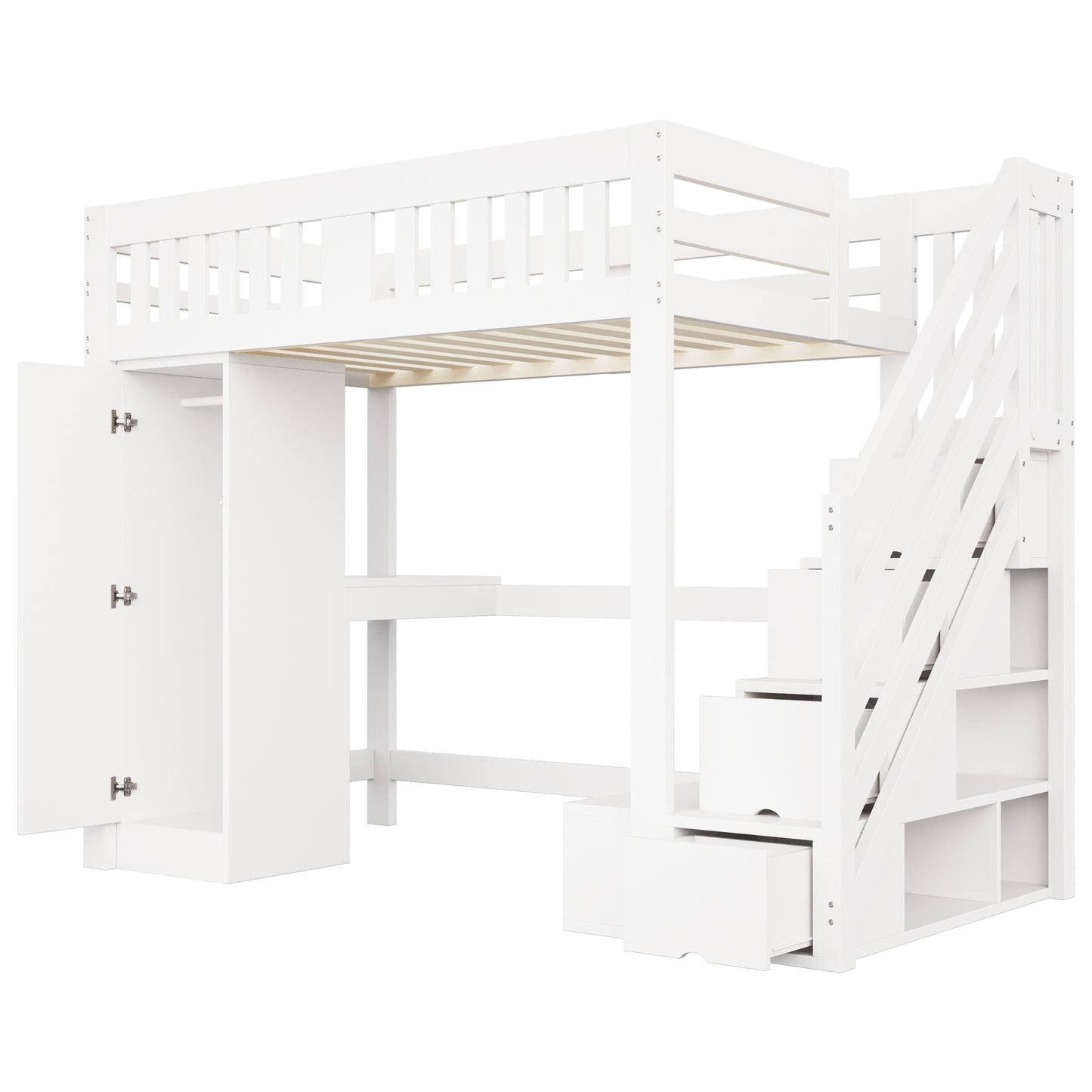 Wooden Bed, Stairs with Storage, and Desk Set
