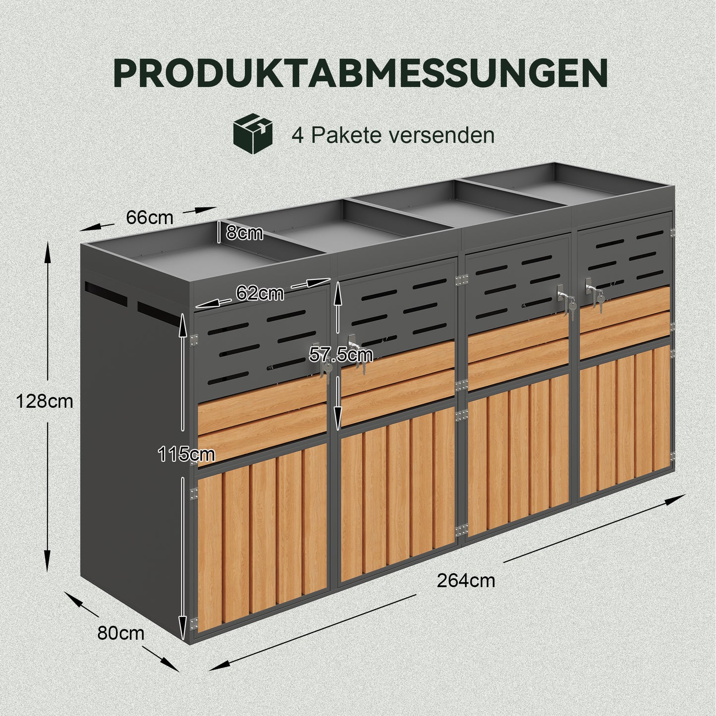 Multifunktionaler Außenschrank mit integriertem Pflanzkasten, Lamellenbelüftung, vier separaten Fächern, verzinktem Stahlrahmen und Sicherungskette – für Lagerung & Gartendekoration (ohne Abfalleimer)
