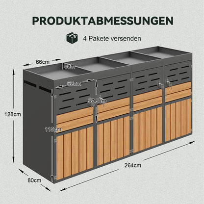 Multifunktionaler Außenschrank mit integriertem Pflanzkasten, Lamellenbelüftung, vier separaten Fächern, verzinktem Stahlrahmen und Sicherungskette – für Lagerung & Gartendekoration (ohne Abfalleimer)