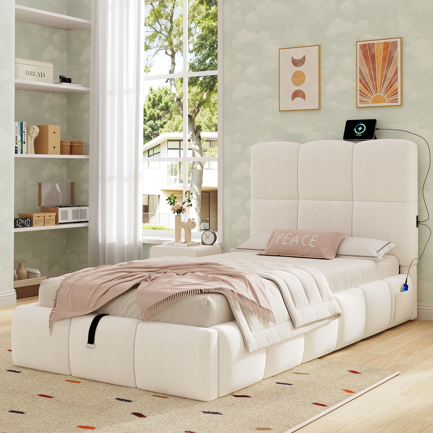 Polsterbett, Einzelbett, Kinderbett 90 x 200cm, hydraulisches Funktionsbett, Bett mit Lattenrost, Kopfteil, großem Stauraum und  USB-Ladeanschluss, gepolstertes Kopfteil, samt, beige