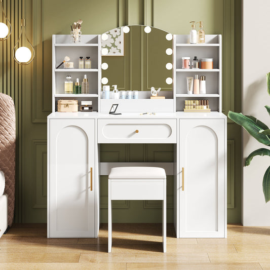 Gigab2b original image - Großer Schminktisch mit verstellbarer LED-Beleuchtung, Spiegel und Hocker. Mit 1 Schublade und 2 Türen. Moderner Stil, Farbe: Weiß. Ideal für das Schlafzimmer, Weiß, Maße: 110x40 x132cm