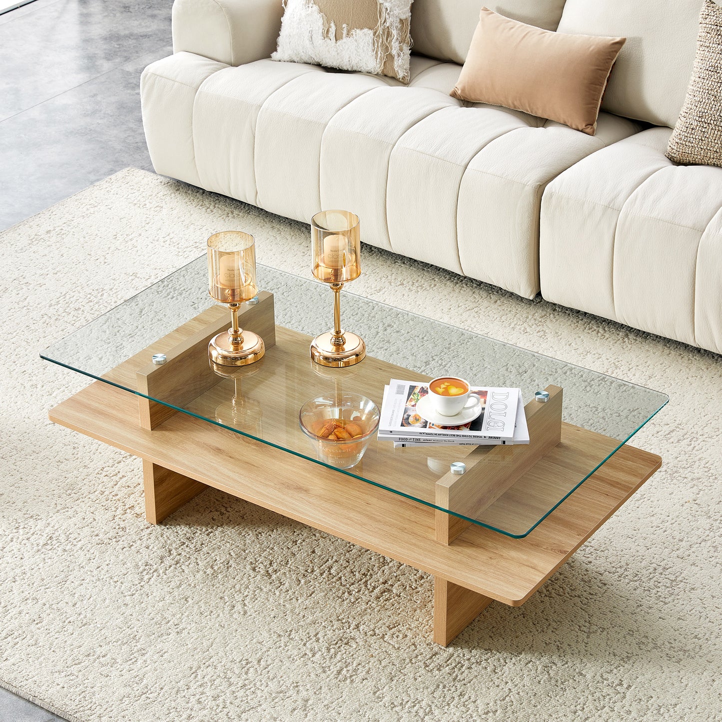 Gigab2b original image - Zwei-Schicht-gehärtetes Glas & MDF-Couchtisch, natürliches Holz Finish Modern Doppelschicht-Couchtisch mit robustem Rahmen für Wohnzimmer Büro