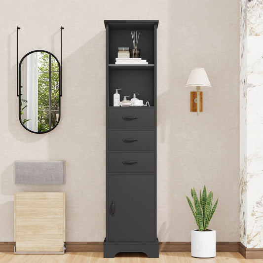 38 x 26 x 172,5 cm hoher Badezimmerschrank, vollständig lackiert für Feuchtigkeitsbeständigkeit, drei Schubladen + doppelte offene Regalböden + Schranktüren, verstellbare Regalböden, Schwarz.